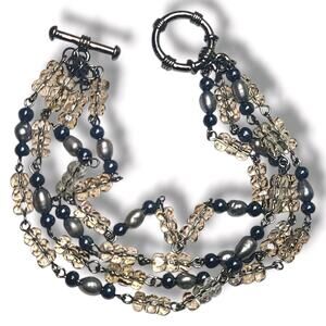 Tahitian‎ Rice Pearl And Crystal Multi-strand Bracelet 7"